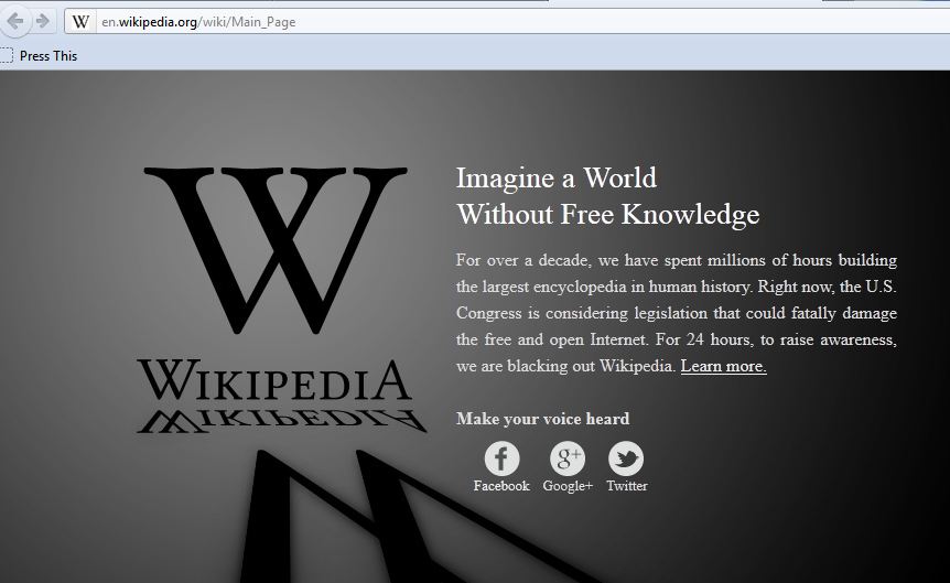 Blacked out Wikipedia home page